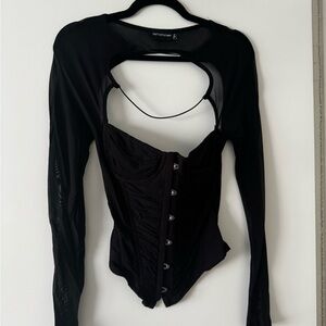 PrettyLittleThing Black Long Sleeve Corset-Style Crop Top